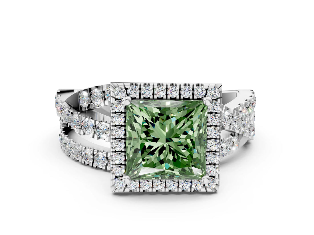 White gold Fancy Green Princess Cut Diamond Halo Ring with Round Split Shank and Prong Setting_18