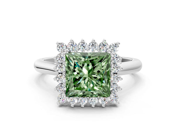 Platinum Fancy Green Princess  Cut Diamond Halo Ring with Solitaire Band and Prong Setting