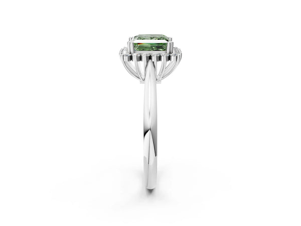 Platinum Fancy Green Princess  Cut Diamond Halo Ring with Solitaire Band and Prong Setting