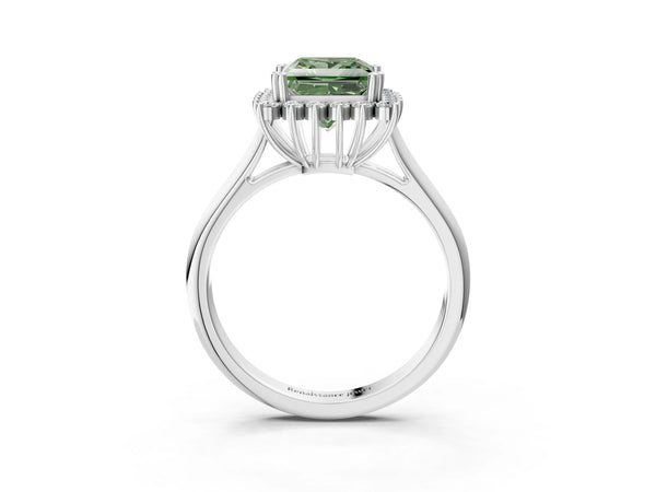 Platinum Fancy Green Princess  Cut Diamond Halo Ring with Solitaire Band and Prong Setting