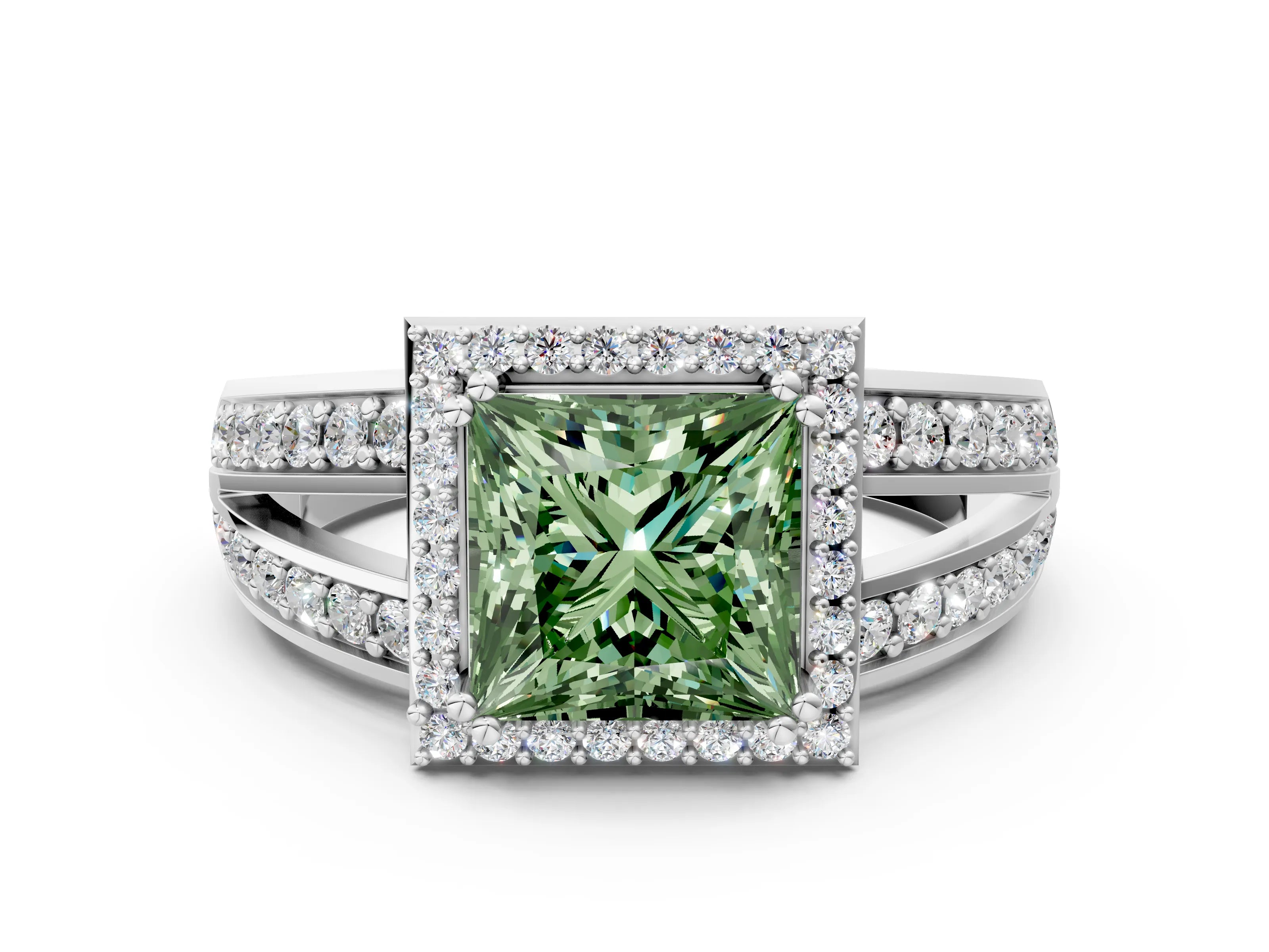 White gold Fancy Green Princess Cut Diamond Halo Ring with Split Shank Pavé Band and Four-Prong Setting_12