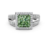 White gold Fancy Green Princess Cut Diamond Halo Ring with Split Shank Pavé Band and Four-Prong Setting_12
