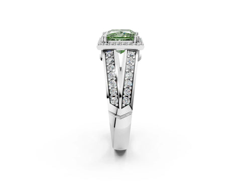 White gold Fancy Green Princess Cut Diamond Halo Ring with Split Shank Pavé Band and Four-Prong Setting_14