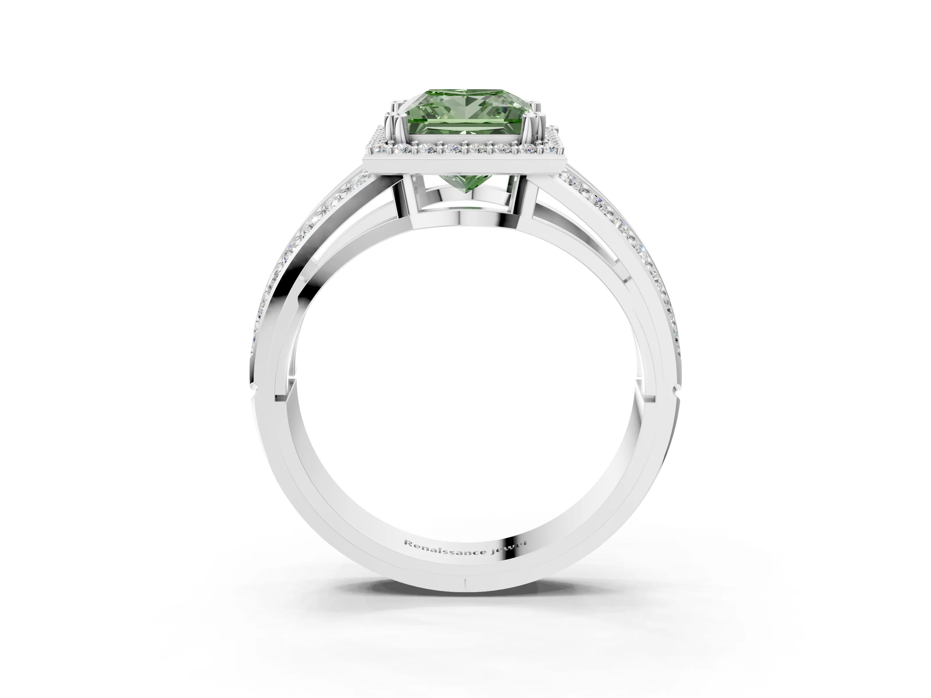 White gold Fancy Green Princess Cut Diamond Halo Ring with Split Shank Pavé Band and Four-Prong Setting_15