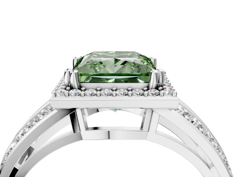 White gold Fancy Green Princess Cut Diamond Halo Ring with Split Shank Pavé Band and Four-Prong Setting_16