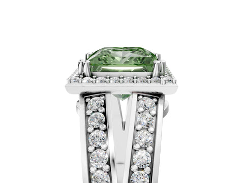 White gold Fancy Green Princess Cut Diamond Halo Ring with Split Shank Pavé Band and Four-Prong Setting_17