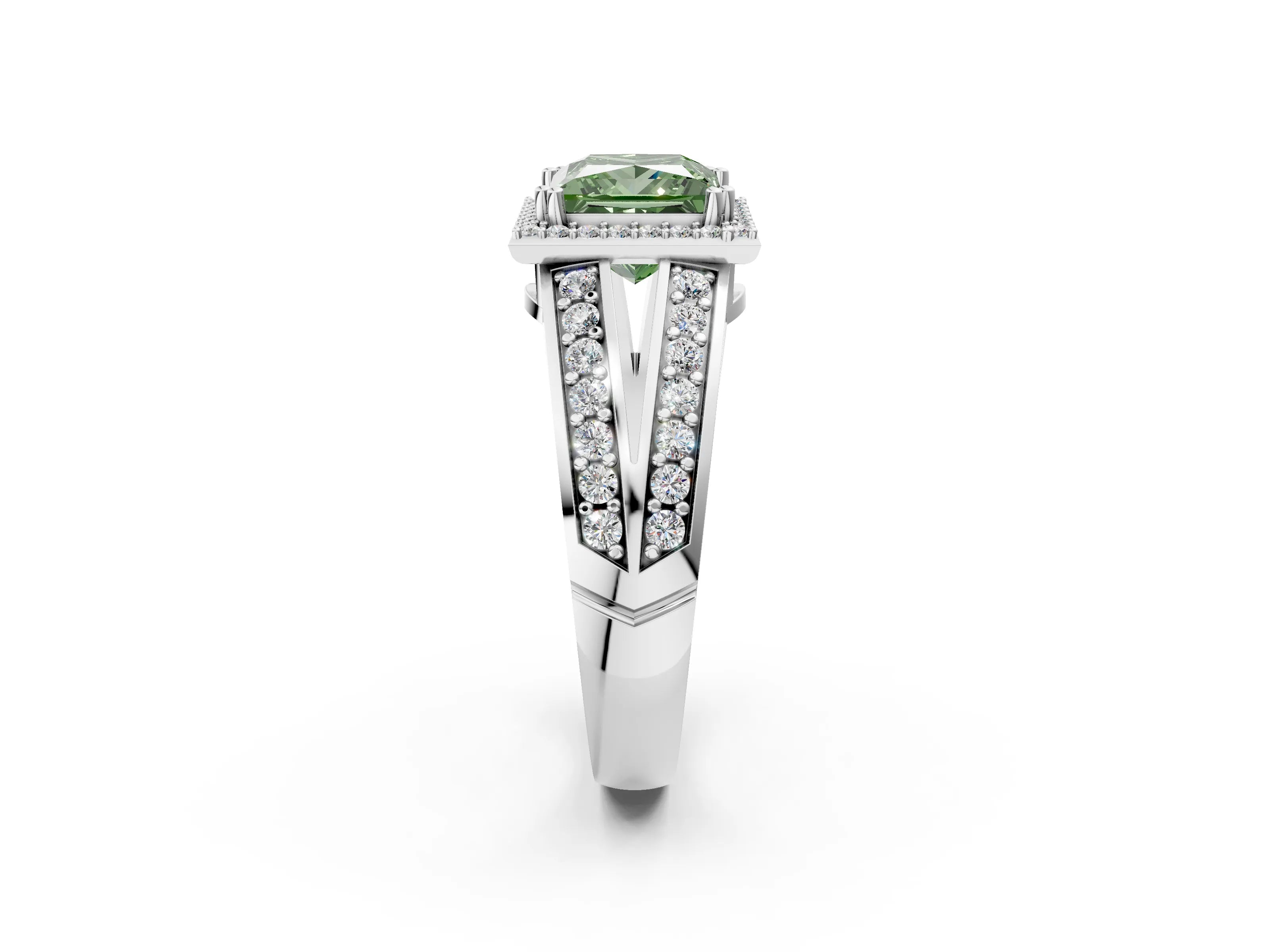 White gold Fancy Green Princess Cut Diamond Halo Ring with Split Shank Pavé Band and Four-Prong Setting_2