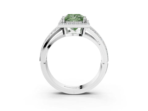 White gold Fancy Green Princess Cut Diamond Halo Ring with Split Shank Pavé Band and Four-Prong Setting_21