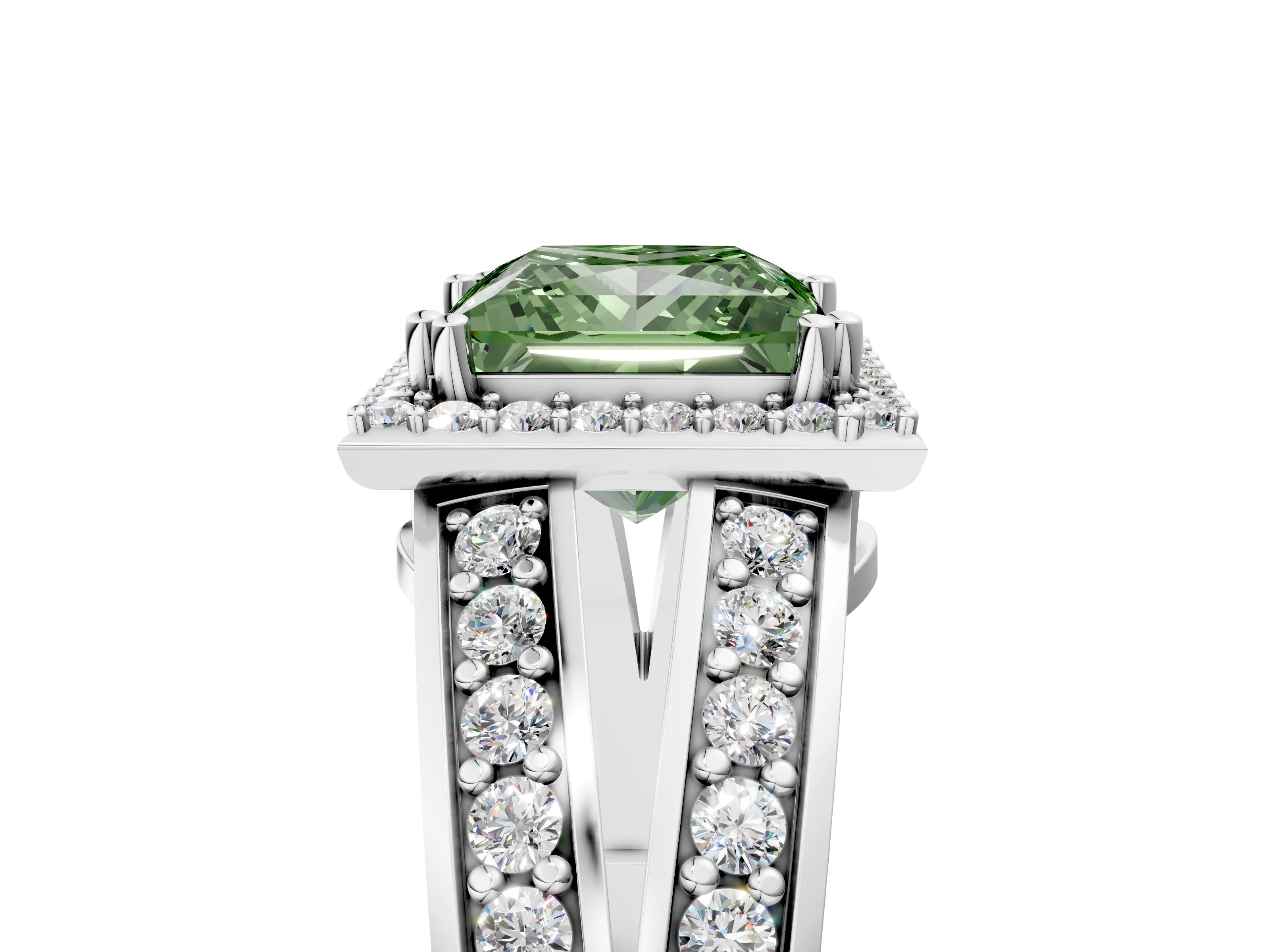 White gold Fancy Green Princess Cut Diamond Halo Ring with Split Shank Pavé Band and Four-Prong Setting_23
