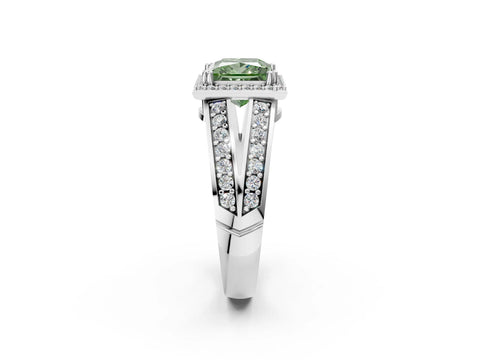 White gold Fancy Green Princess Cut Diamond Halo Ring with Split Shank Pavé Band and Four-Prong Setting_2