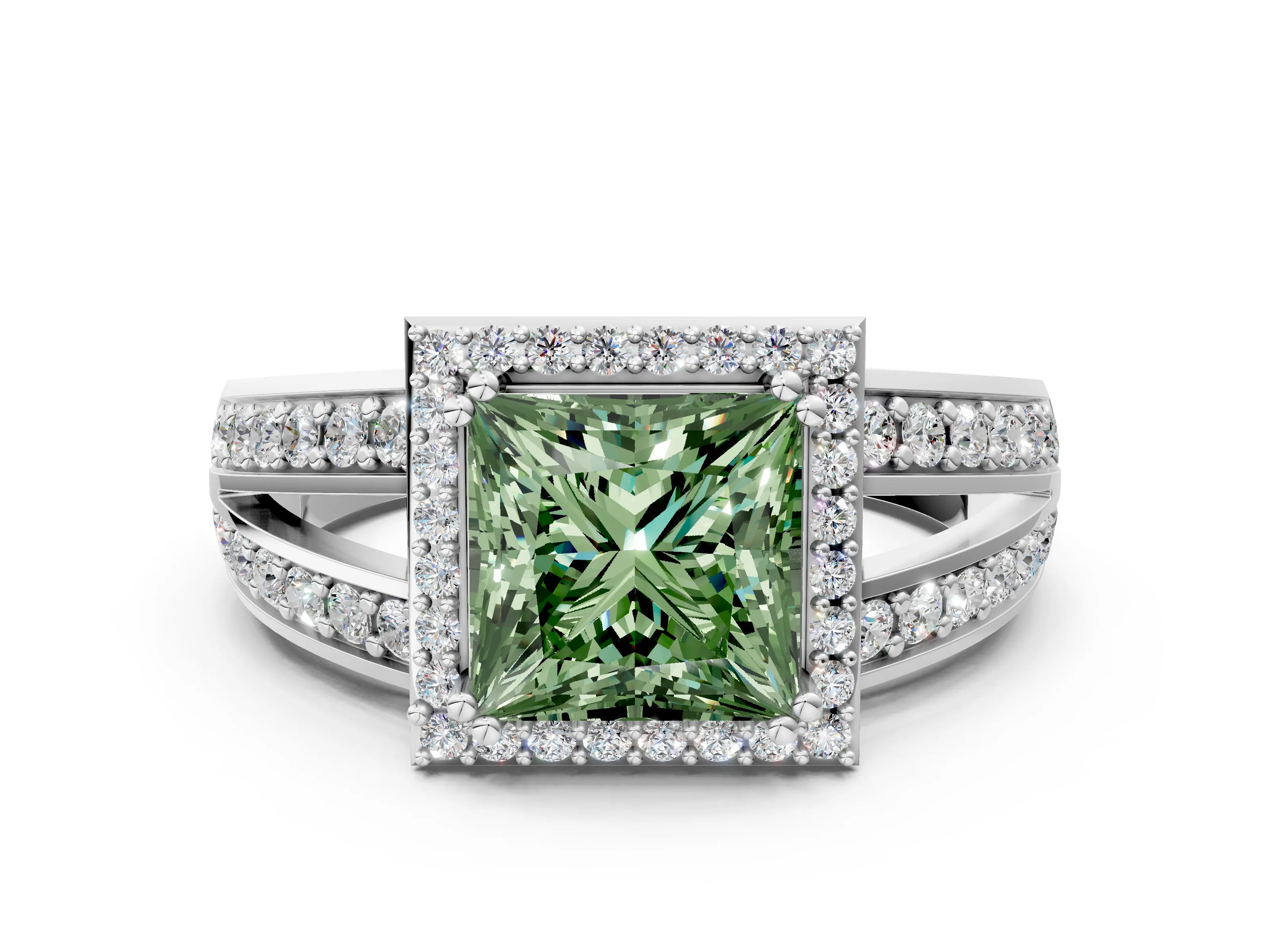 White gold Fancy Green Princess Cut Diamond Halo Ring with Split Shank Pavé Band and Four-Prong Setting_36