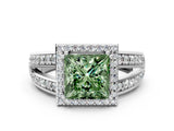White gold Fancy Green Princess Cut Diamond Halo Ring with Split Shank Pavé Band and Four-Prong Setting_36