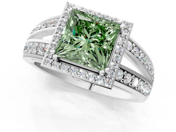 Platinum Fancy Green Princess Cut Diamond Halo Ring with Split Shank Pavé Band and Four-Prong Setting