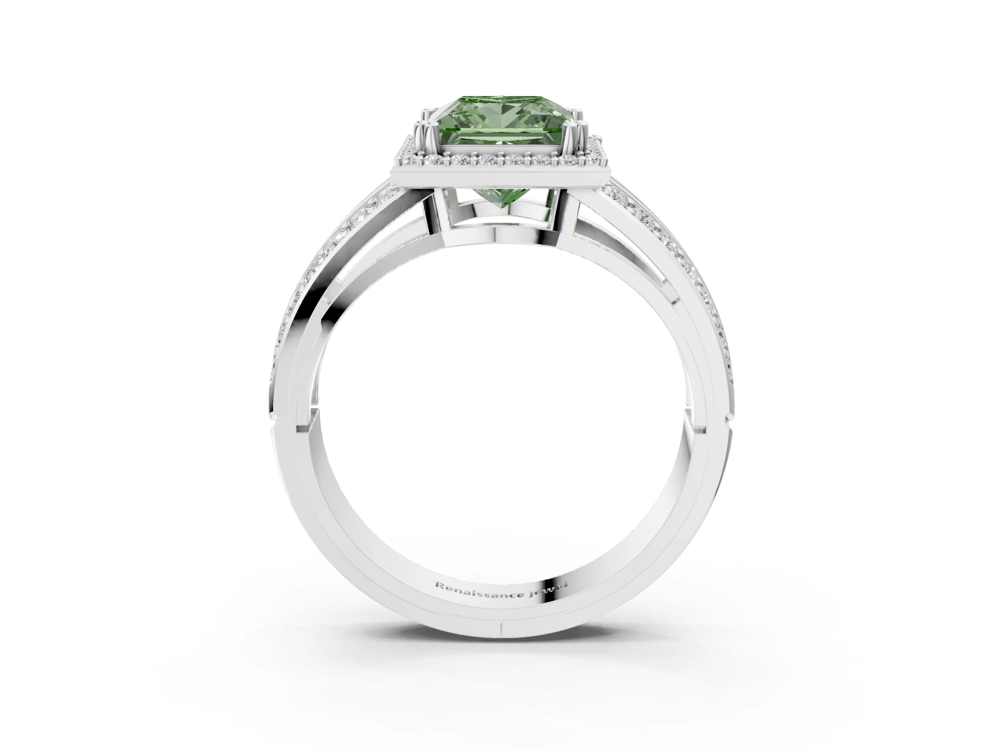White gold Fancy Green Princess Cut Diamond Halo Ring with Split Shank Pavé Band and Four-Prong Setting_39