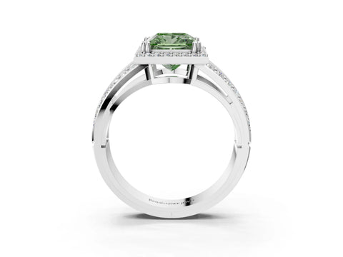 White gold Fancy Green Princess Cut Diamond Halo Ring with Split Shank Pavé Band and Four-Prong Setting_39