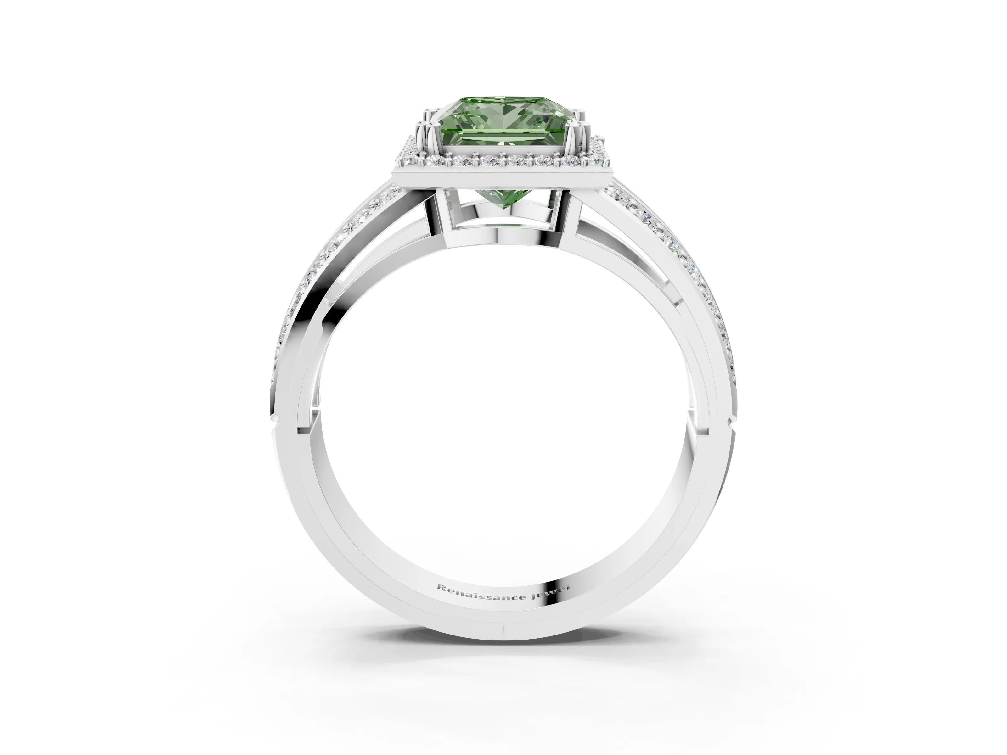 White gold Fancy Green Princess Cut Diamond Halo Ring with Split Shank Pavé Band and Four-Prong Setting_3