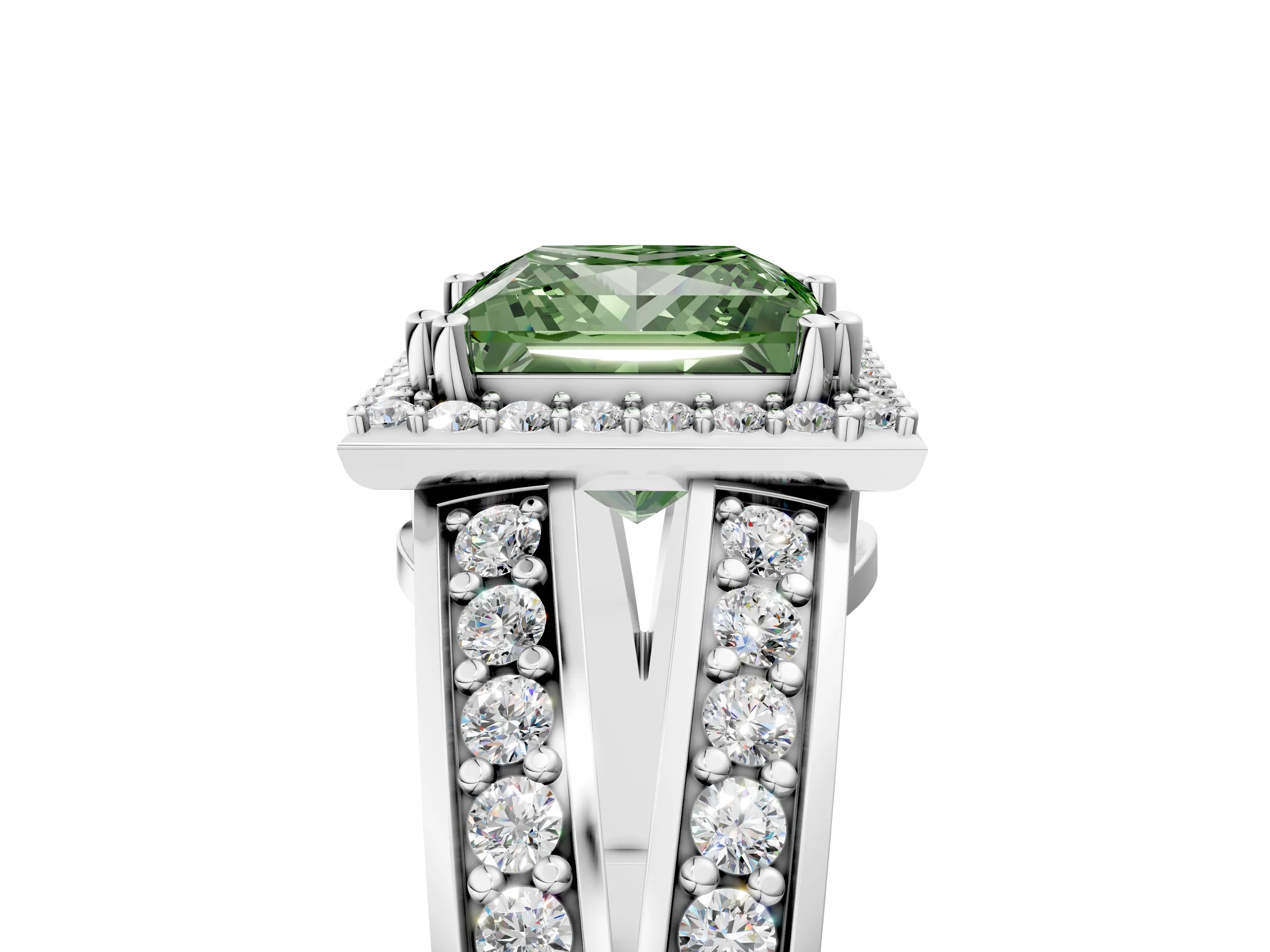White gold Fancy Green Princess Cut Diamond Halo Ring with Split Shank Pavé Band and Four-Prong Setting_41