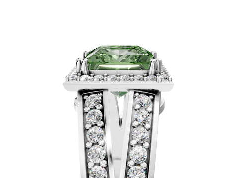 White gold Fancy Green Princess Cut Diamond Halo Ring with Split Shank Pavé Band and Four-Prong Setting_41