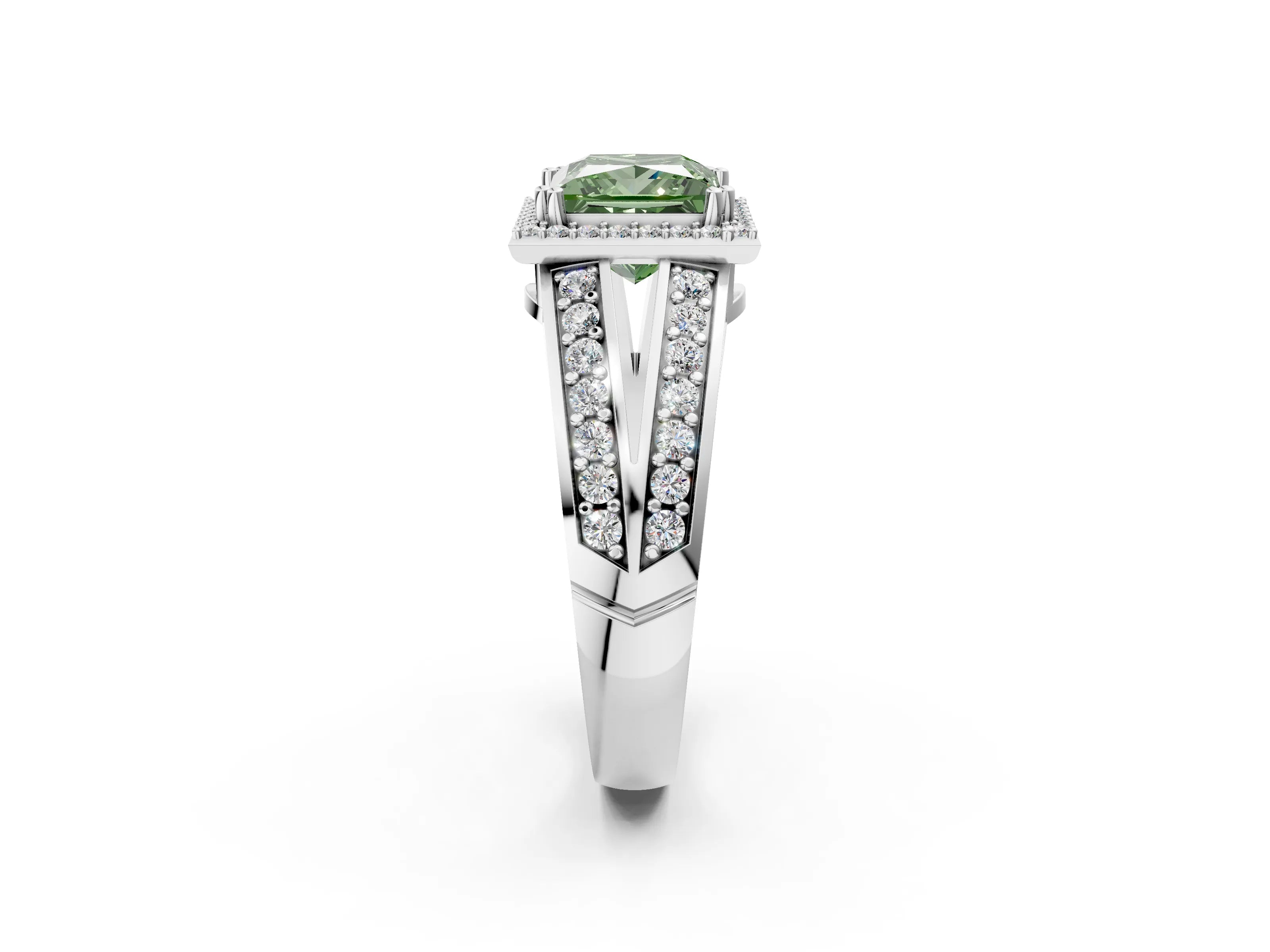 White gold Fancy Green Princess Cut Diamond Halo Ring with Split Shank Pavé Band and Four-Prong Setting_43