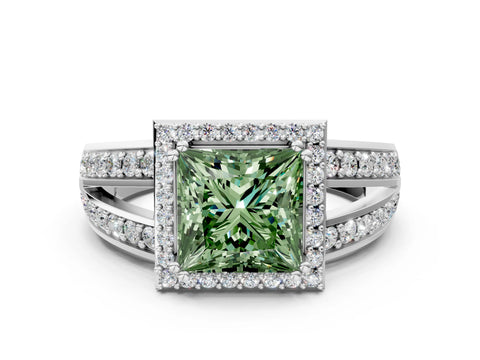 White gold Fancy Green Princess Cut Diamond Halo Ring with Split Shank Pavé Band and Four-Prong Setting_48