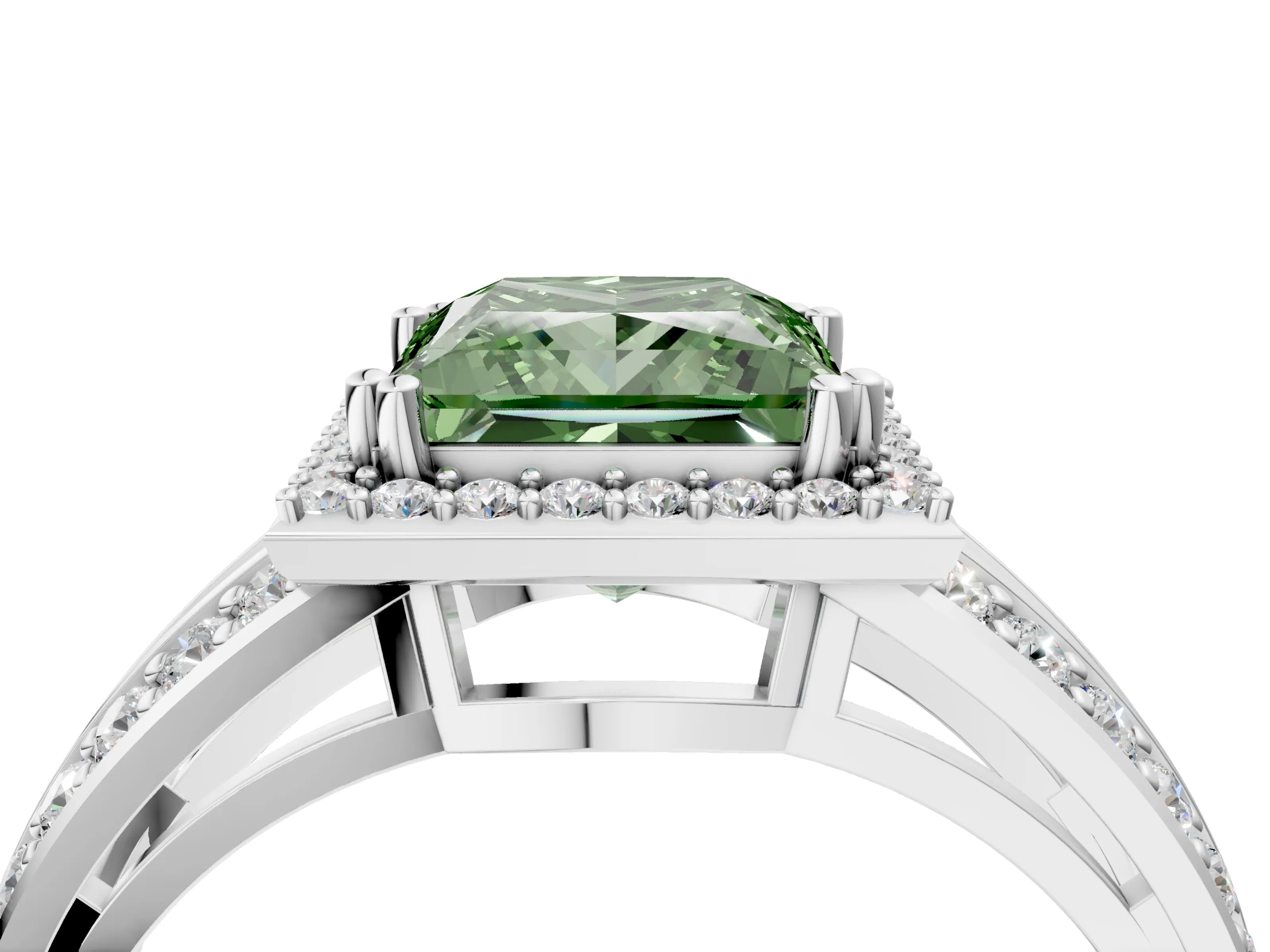 White gold Fancy Green Princess Cut Diamond Halo Ring with Split Shank Pavé Band and Four-Prong Setting_52
