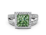 White gold Fancy Green Princess Cut Diamond Halo Ring with Split Shank Pavé Band and Four-Prong Setting_53