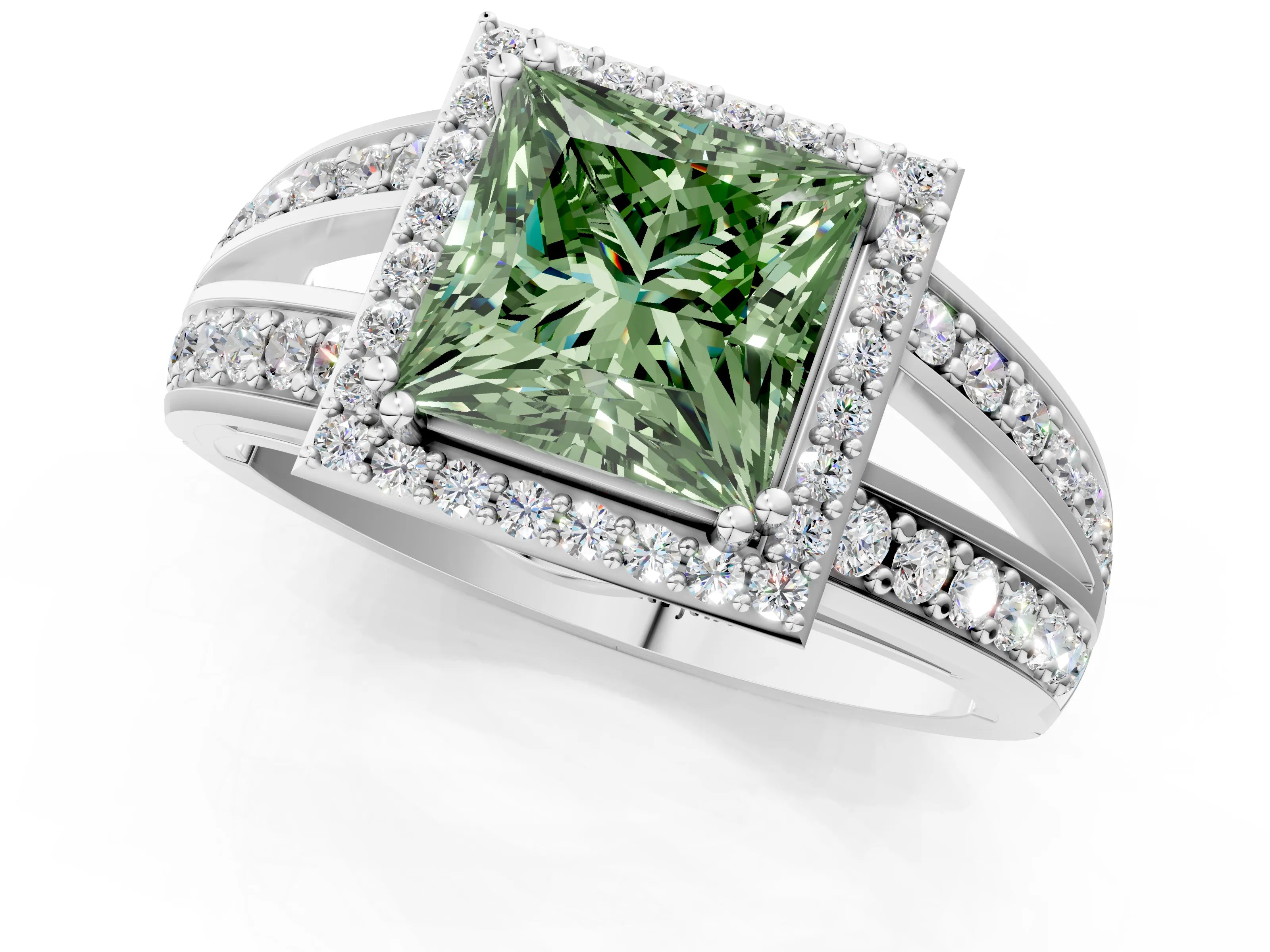 White gold Fancy Green Princess Cut Diamond Halo Ring with Split Shank Pavé Band and Four-Prong Setting_54