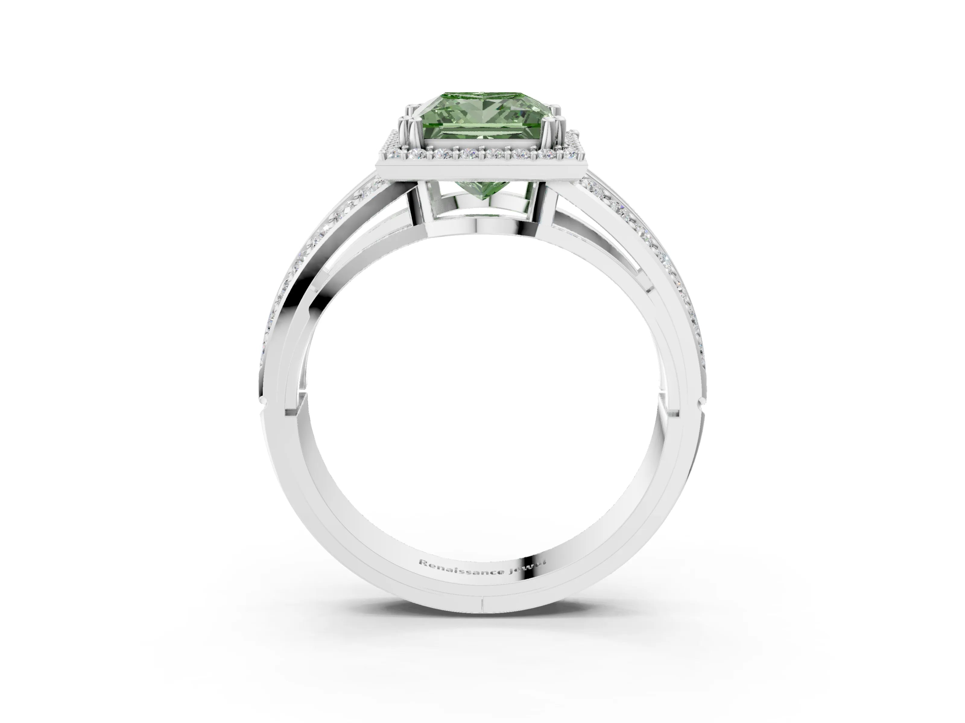 White gold Fancy Green Princess Cut Diamond Halo Ring with Split Shank Pavé Band and Four-Prong Setting_56