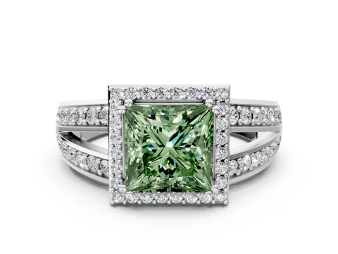 White gold Fancy Green Princess Cut Diamond Halo Ring with Split Shank Pavé Band and Four-Prong Setting_60