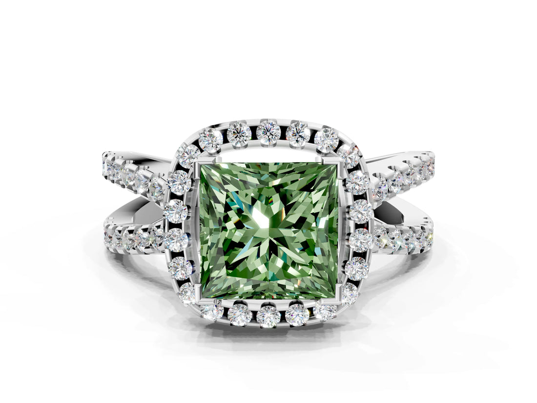 White gold Fancy Green Princess Cut Diamond Halo Ring with Split Shank Pavé Band and Prong Setting_28