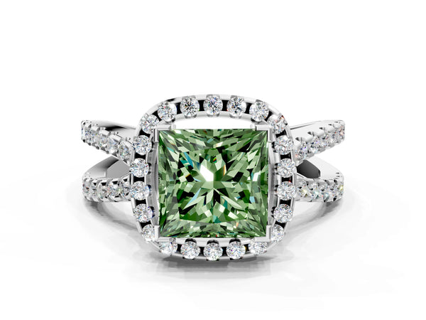 Platinum Fancy Green Princess Cut Diamond Halo Ring with Split Shank Pavé Band and Prong Setting