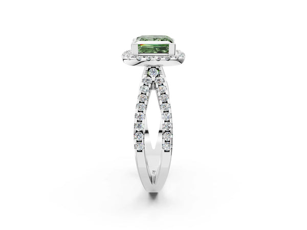 Platinum Fancy Green Princess Cut Diamond Halo Ring with Split Shank Pavé Band and Prong Setting