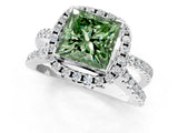 White gold Fancy Green Princess Cut Diamond Halo Ring with Split Shank Pavé Band and Prong Setting_35