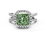White gold Fancy Green Princess Cut Diamond Halo Ring with Split Shank Pavé Band and Prong Setting_35