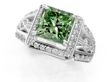 White gold Fancy Green Princess Cut Diamond Halo Ring with Split Shank and Bezel Accents and Four-Prong Setting_1