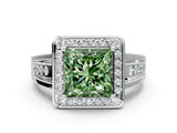 White gold Fancy Green Princess Cut Diamond Halo Ring with Split Shank and Bezel Accents and Prong Setting