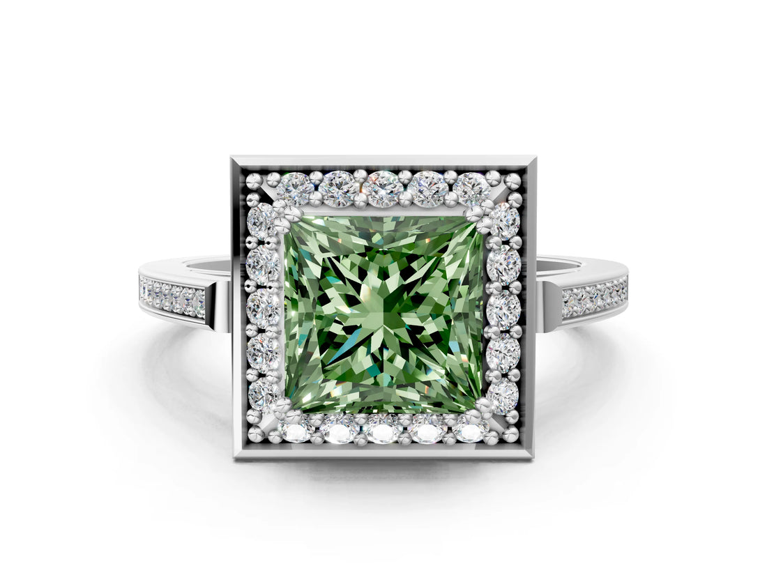 White gold Fancy Green Princess Cut Diamond Halo Ring with Split Shank and Four-Prong Setting_16