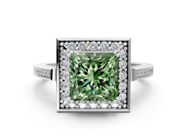 White gold Fancy Green Princess Cut Diamond Halo Ring with Split Shank and Four-Prong Setting