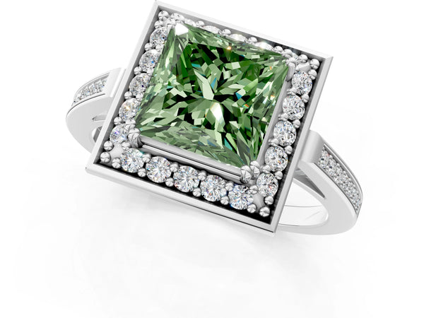 White gold Fancy Green Princess Cut Diamond Halo Ring with Split Shank and Four-Prong Setting
