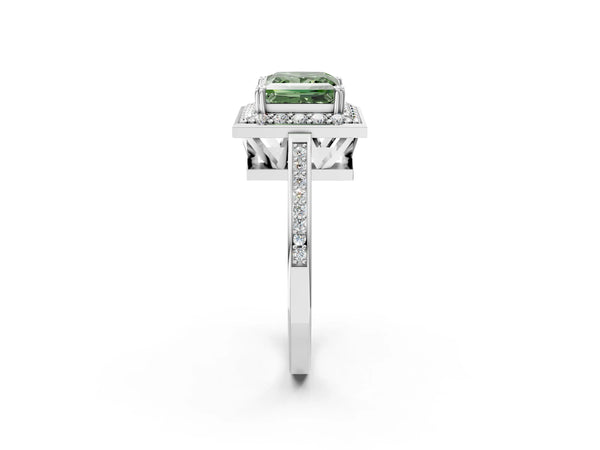 White gold Fancy Green Princess Cut Diamond Halo Ring with Split Shank and Four-Prong Setting