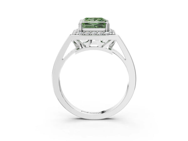White gold Fancy Green Princess Cut Diamond Halo Ring with Split Shank and Four-Prong Setting