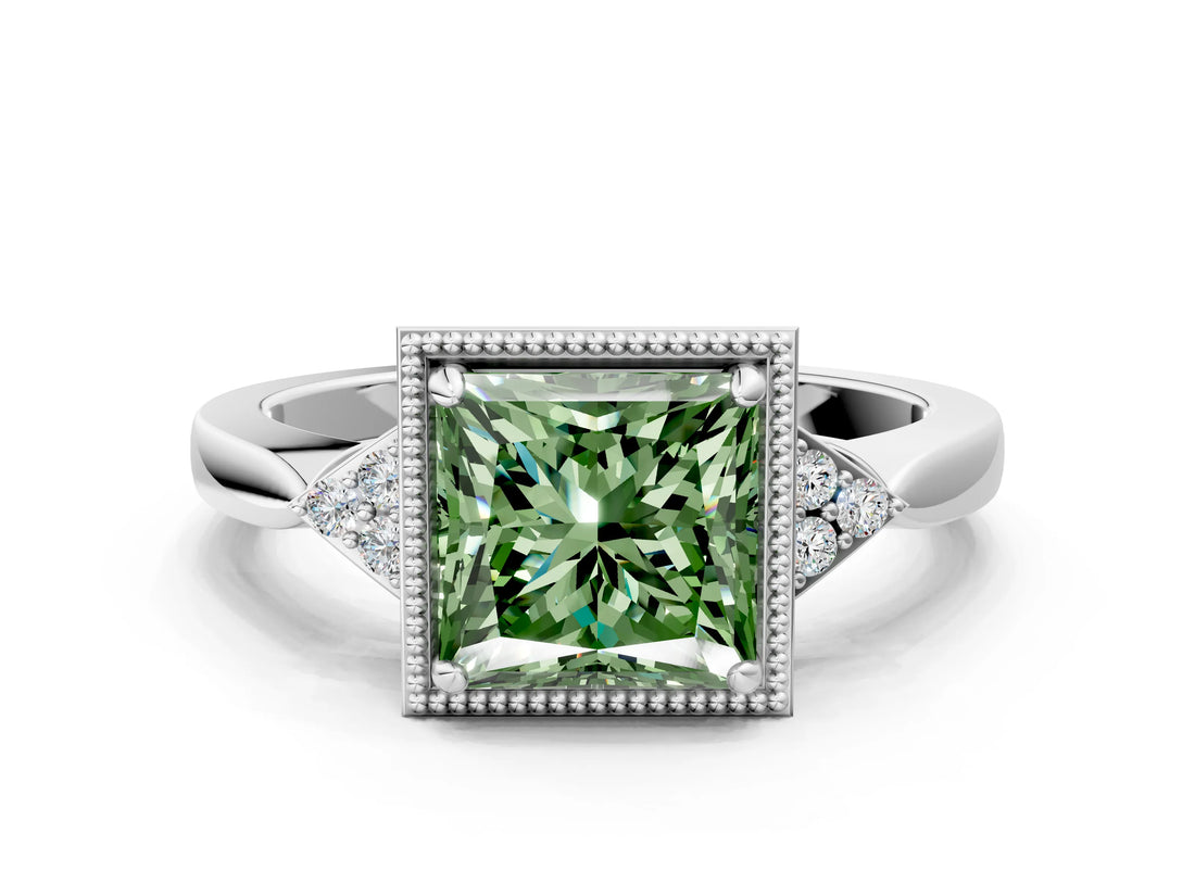White gold Fancy Green Princess Cut Diamond Halo Ring with Tapered Band and Four-Prong Setting_19