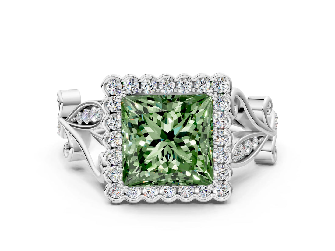 White gold Fancy Green Princess Cut Diamond Halo Ring with Vintage Split Shank and Four-Prong Setting_65