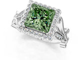 White gold Fancy Green Princess Cut Diamond Halo Ring with Vintage Split Shank and Four-Prong Setting_66