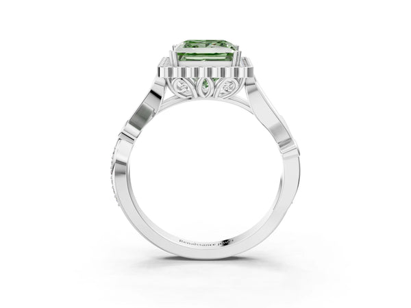 Platinum Princess Cut Graduated Leaf Halo Engagement Ring Setting for Fancy Green Center