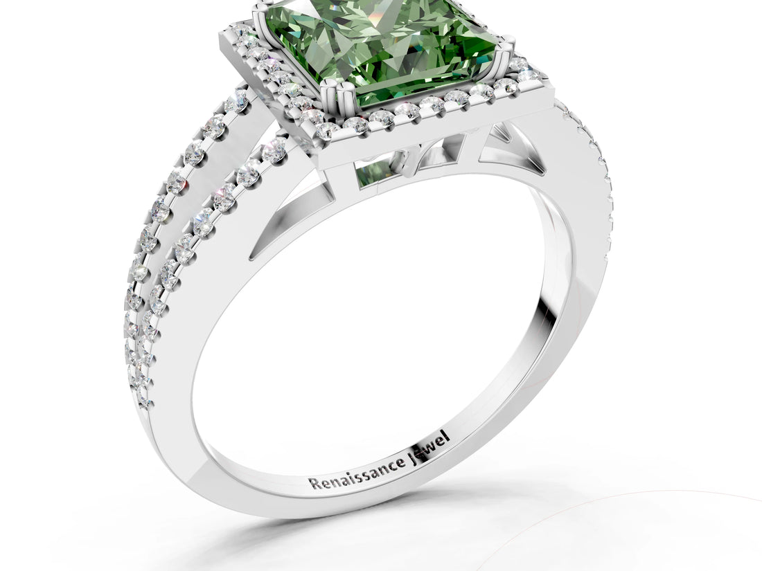White gold Fancy Green Princess Cut Diamond Halo Split Shank Engagement Ring_75
