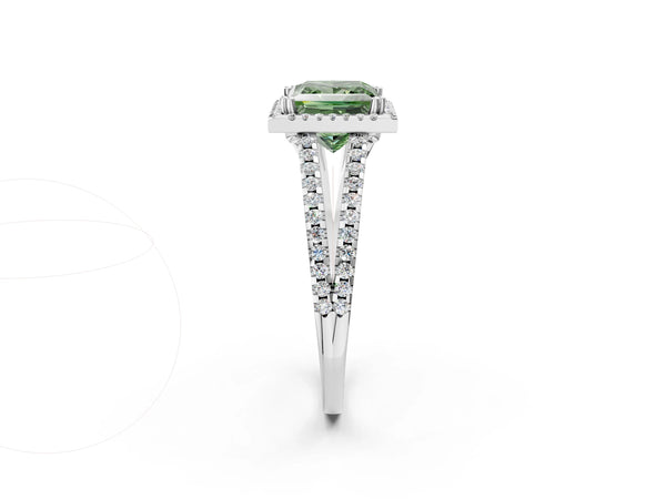 White gold Fancy Green Princess Cut Diamond Halo Split Shank Engagement Ring