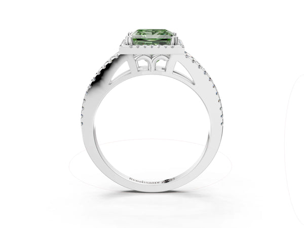 White gold Fancy Green Princess Cut Diamond Halo Split Shank Engagement Ring