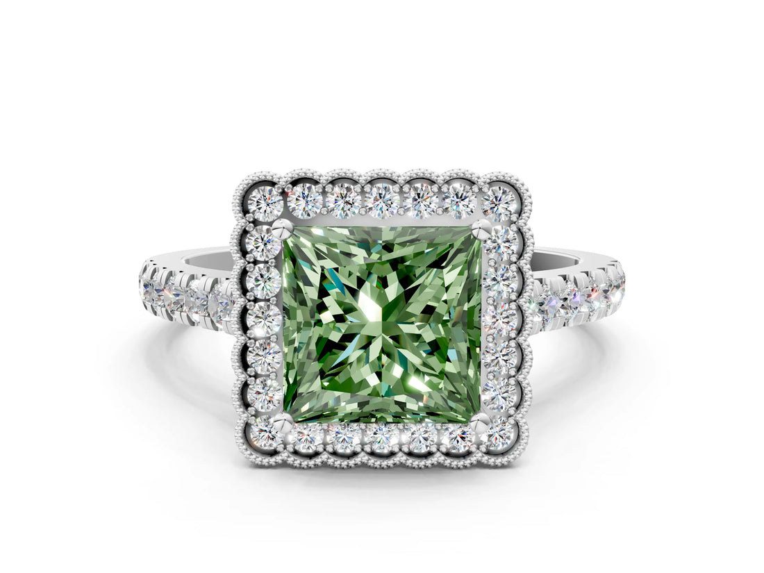 White gold Fancy Green Princess  Cut Diamond Milgrain Floral Halo Engagement Ring with Pavé Band_33
