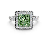 White gold Fancy Green Princess  Cut Diamond Milgrain Floral Halo Engagement Ring with Pavé Band_33